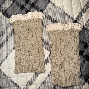 Beige Knit Leg Warmers with Lace Trim